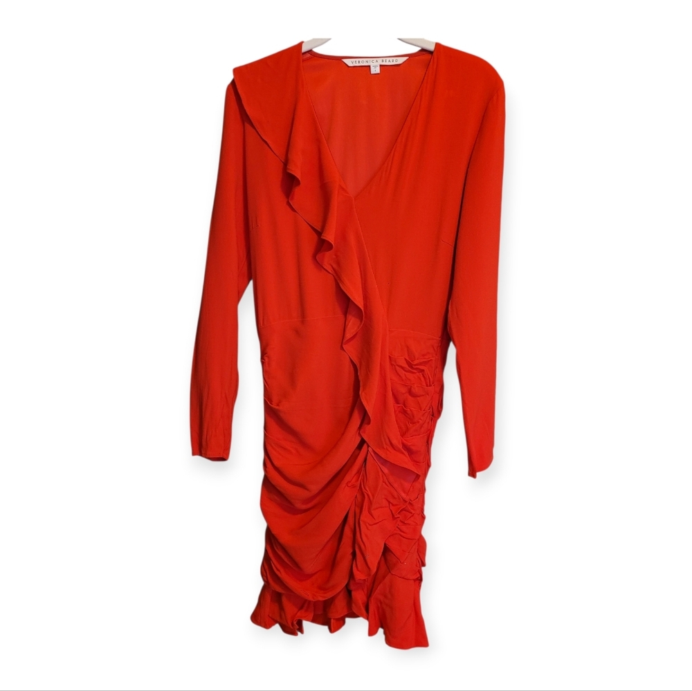 Veronica Beard Odessa Red Ruffle Ruched Long Sleeve Cocktail Mini Dress Size 4 - Picture 5 of 14